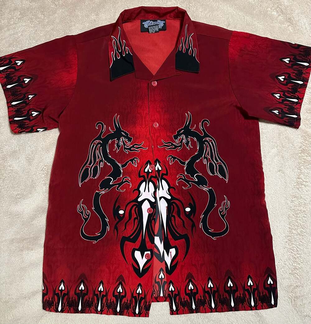 Silver Point Vintage Y2K Red Dragon Flame Tribal Button Up Shirt XL